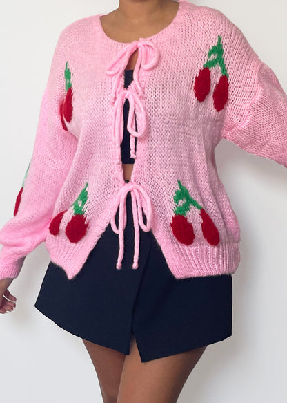 Cardigan mit Kirschmuster - Rosa